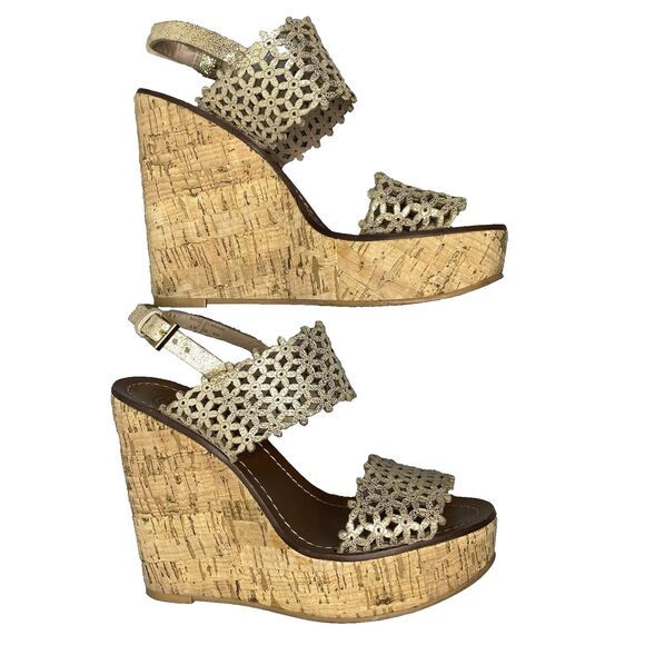 TORY BURCH Sandals Perforated Leather Wedge Platform Cork Heel Womens 6 Gold - Picture 1 of 9